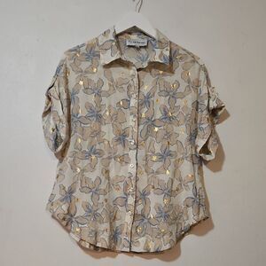 Alex & Parker Floral Beige Button-Down Shirt Lieghtweigt L